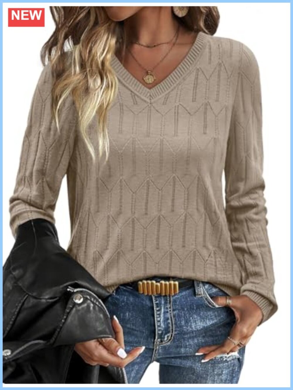 Women V-Neck Long Sleeve Knit Pullover Sweater Soft Cozy Fall Top